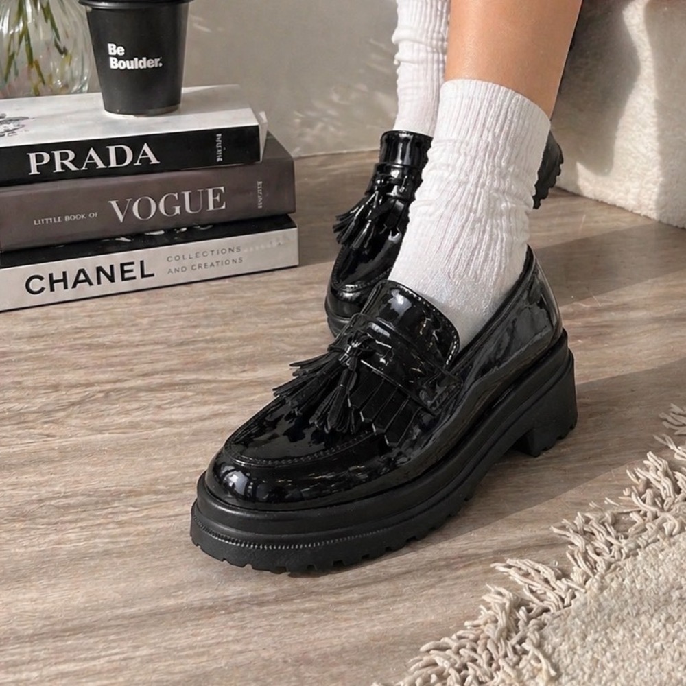 Patent Black Tassel Loafers - Women's Chunky Sole Flats